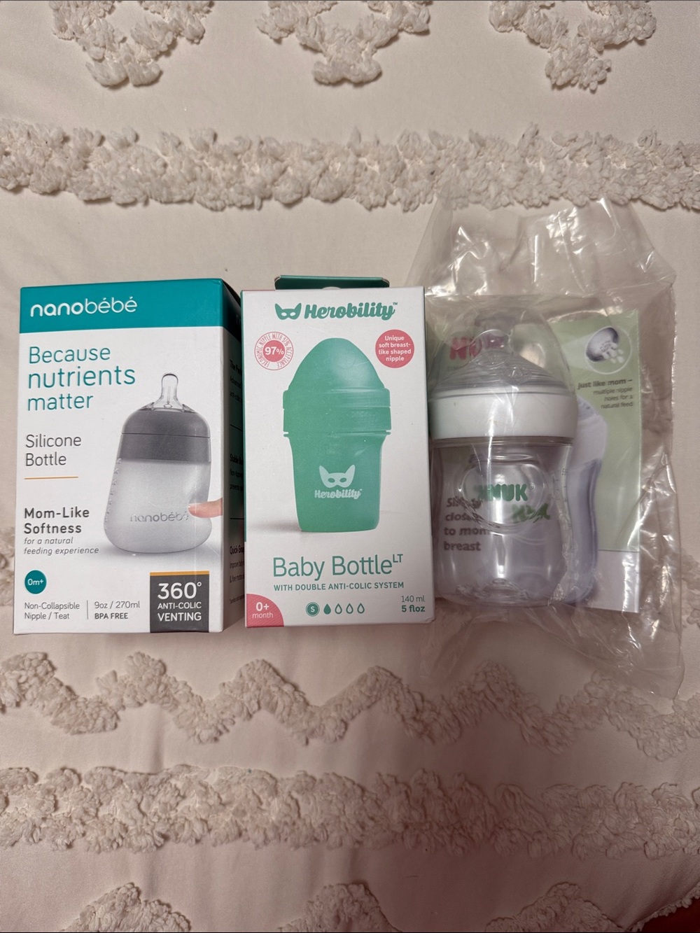 Nanobébé & Herobility Baby Bottles Set - White, Teal, Clear